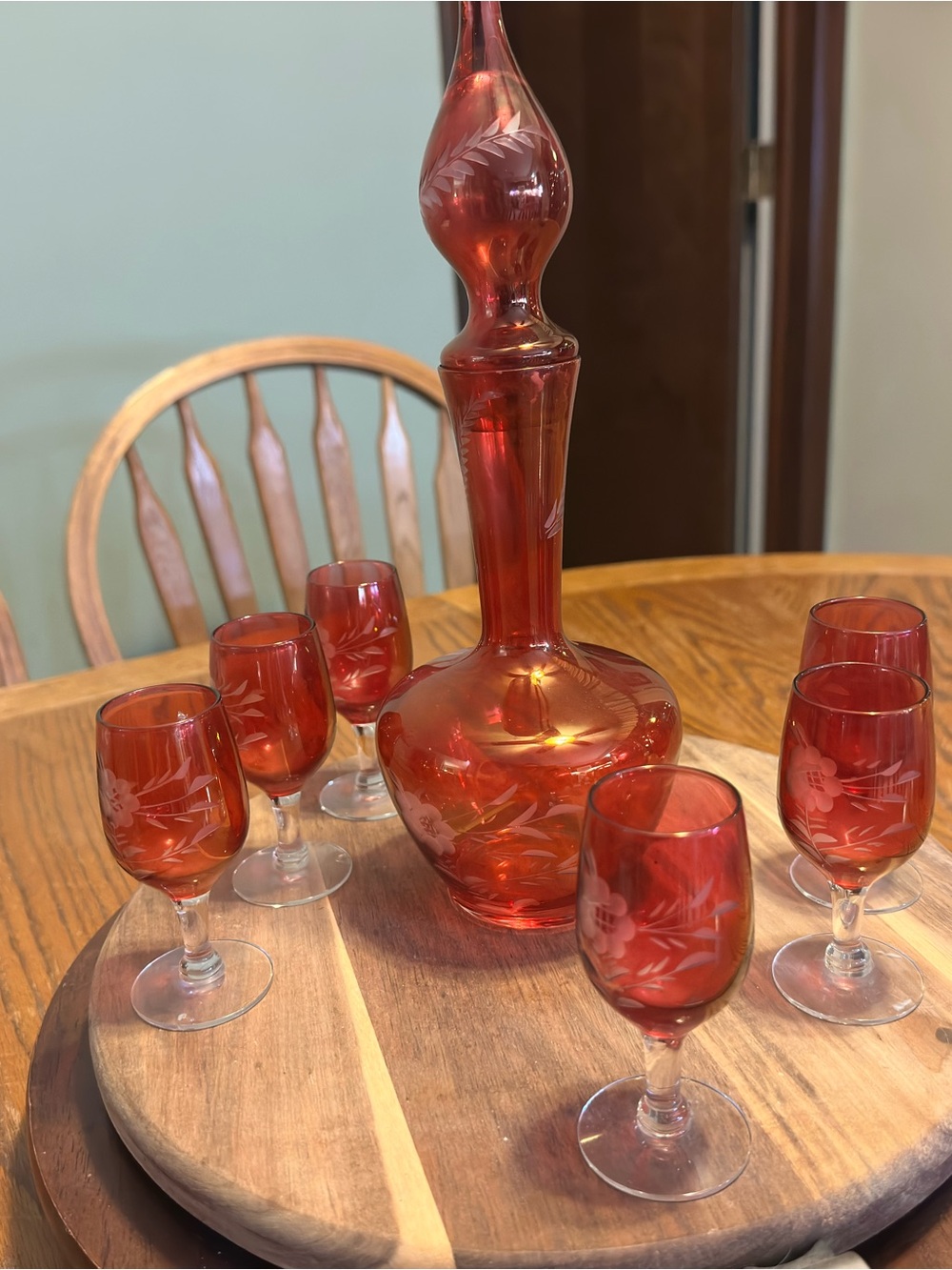 Vintage Cranberry Etched Glass Decanter Set with Six Liqueur Glasses